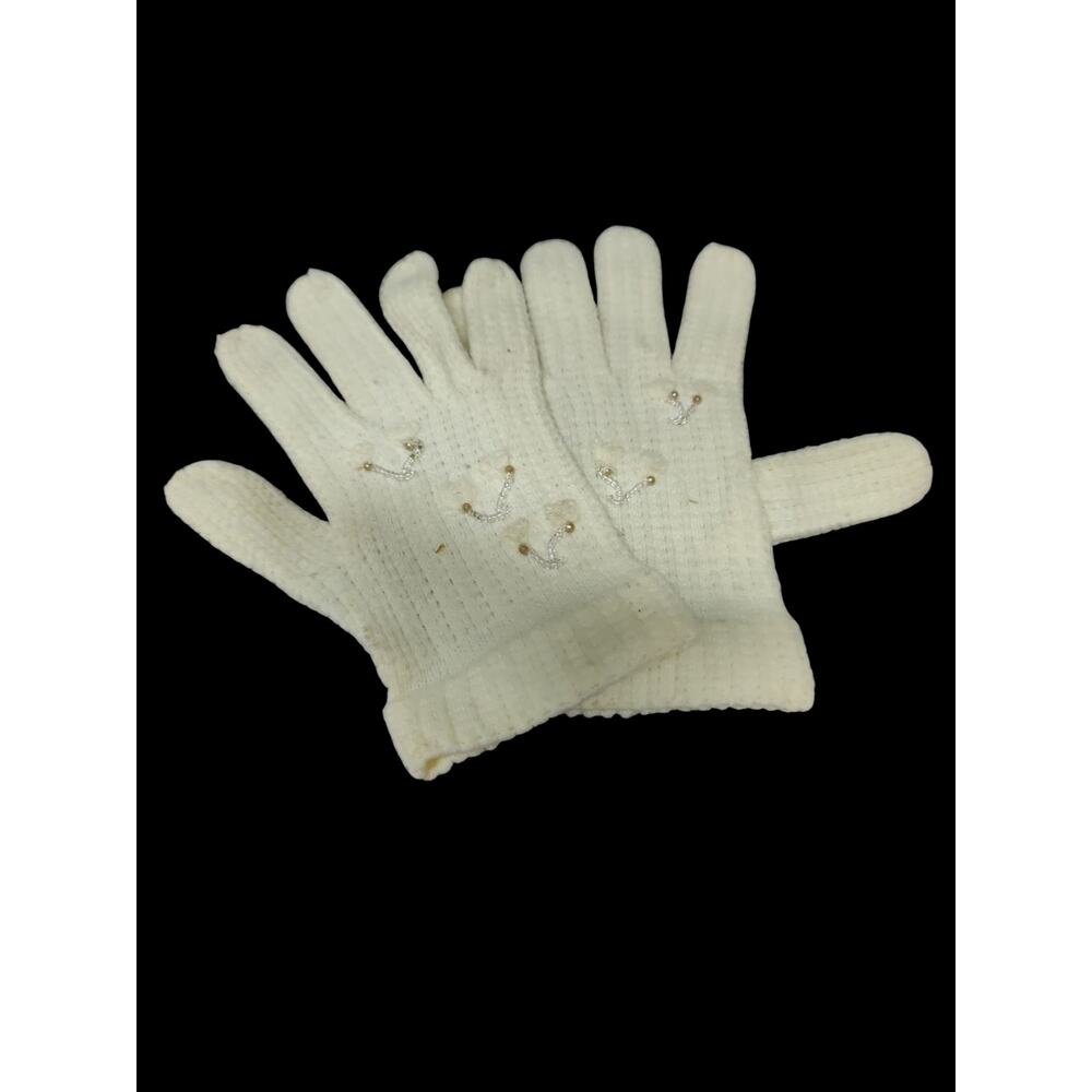 Vintage knitted childs gloves with clear and silver bead embellishments